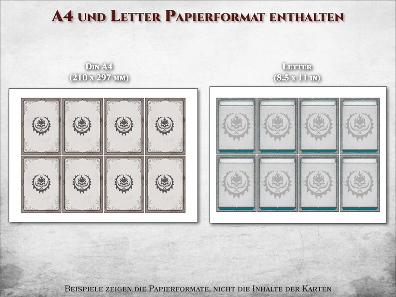 Puede incluir: Una gu&iacute;a visual que muestra la diferencia de tama&ntilde;o entre el papel A4 (210 x 297 mm) y el papel Letter (8,5 x 11 pulgadas). La imagen muestra nueve tarjetas en cada tama&ntilde;o de papel, con un dise&ntilde;o decorativo en cada tarjeta.