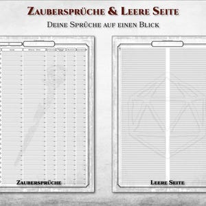 May include: A printable sheet with two sections, one for listing spells and the other a blank page. The header reads "Zauberspr&uuml;che & Leere Seite" and "Deine Spr&uuml;che auf einen Blick".