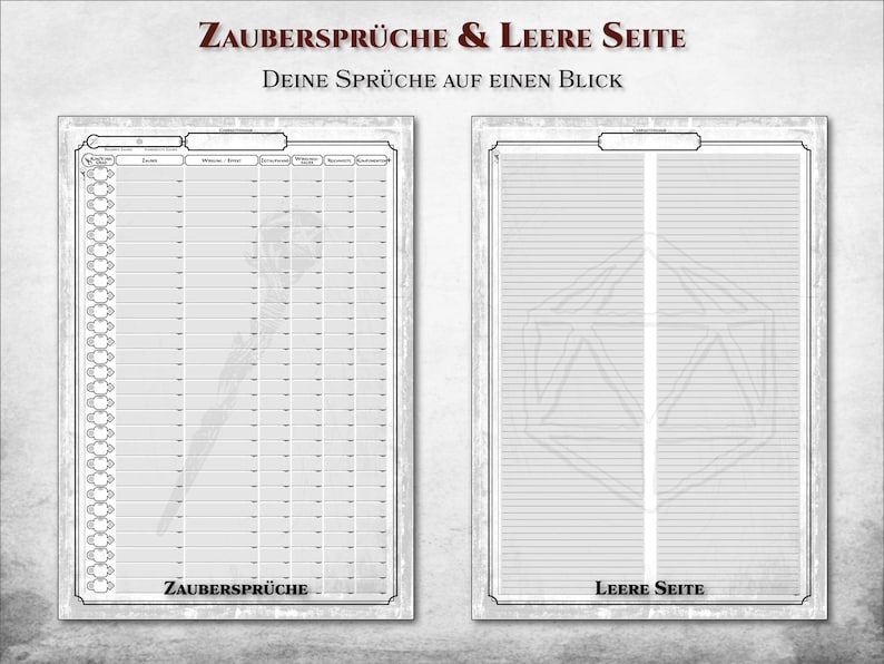 May include: A printable sheet with two sections, one for listing spells and the other a blank page. The header reads "Zauberspr&uuml;che & Leere Seite" and "Deine Spr&uuml;che auf einen Blick".