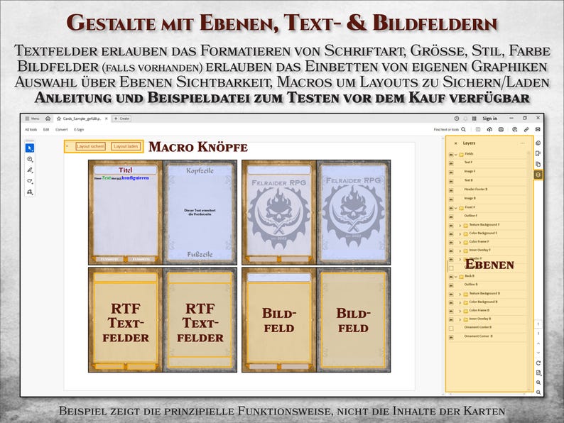 Puede incluir: Captura de pantalla de una pantalla de ordenador que muestra un programa de software para crear tarjetas. El programa tiene una barra de herramientas con botones para agregar campos de texto, campos de imagen y capas. El programa tambi&eacute;n tiene una ventana de vista previa que muestra una tarjeta de muestra con campos de texto y campos de imagen. El texto en la pantalla dice "GESTALTE MIT EBENEN, TEXT- & BILDFELDERN" y "MACRO KN&Ouml;PFE".