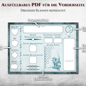 Pu&ograve; includere: Un foglio di personaggio stampabile per un gioco di ruolo. Il foglio &egrave; blu e bianco con un design a drago. Include spazi per il nome del personaggio, la classe, i punti ferita, la classe armatura e altre statistiche.