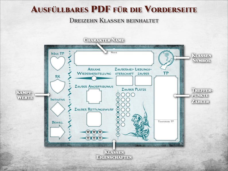 Pu&ograve; includere: Un foglio di personaggio stampabile per un gioco di ruolo. Il foglio &egrave; blu e bianco con un design a drago. Include spazi per il nome del personaggio, la classe, i punti ferita, la classe armatura e altre statistiche.