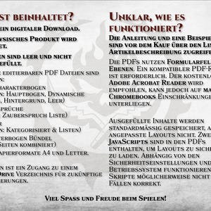 May include: A black and white image with text in German. The text reads "Was ist beinhaltet?" and "Unklar, wie es funktioniert?" The text describes the contents of a digital download, which includes editable PDF files for a character creation system. The text also explains that the PDFs use form fields and layers, and that a compatible PDF reader is required. The text also mentions that the PDFs include Javascript scripts for layout purposes.