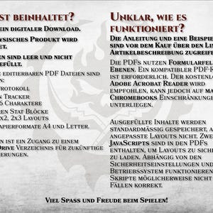 K&ouml;nnte beinhalten: Ein digitaler Download f&uuml;r ein Tabletop-Rollenspiel. Das Bild zeigt eine Textbeschreibung des Inhalts des Downloads, der bearbeitbare PDF-Dateien f&uuml;r Charakterbl&auml;tter, Kampfprotokolle und Kreaturen-Stat-Bl&ouml;cke umfasst. Der Text erw&auml;hnt auch, dass der Download Zugriff auf einen Google Drive-Ordner f&uuml;r zuk&uuml;nftige Updates beinhaltet.