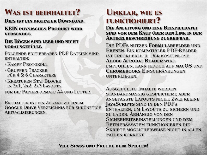 K&ouml;nnte beinhalten: Ein digitaler Download f&uuml;r ein Tabletop-Rollenspiel. Das Bild zeigt eine Textbeschreibung des Inhalts des Downloads, der bearbeitbare PDF-Dateien f&uuml;r Charakterbl&auml;tter, Kampfprotokolle und Kreaturen-Stat-Bl&ouml;cke umfasst. Der Text erw&auml;hnt auch, dass der Download Zugriff auf einen Google Drive-Ordner f&uuml;r zuk&uuml;nftige Updates beinhaltet.