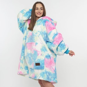 Women Hoodie Oversized Wearable Blanket, Cute Print, Fleece Sleepwear, War, Sherpa Fleece, Cuddly, Ultra Soft, Cyan Color, Sweater