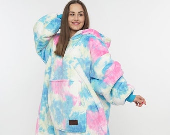 Women Hoodie Oversized Wearable Blanket, Cute Print, Fleece Sleepwear, War, Sherpa Fleece, Cuddly, Ultra Soft, Cyan Color, Sweater