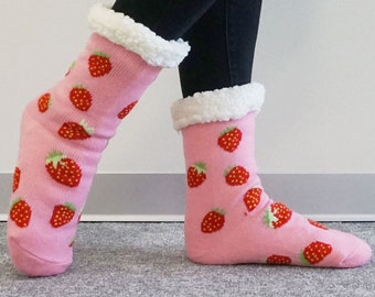 Cuddly Socks, Strawberry, Winter socks, Fuzzy Sherpa Socks, Soft Cozy Plush Socks, Non Slip Grips, Extra Warm, with Strawberry