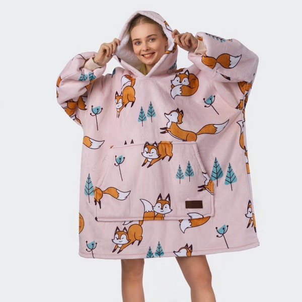 Oversize Hoodie Decke, Foxes, Hoodie with Fox, Blanket Hoodie, Kapuzenpullover, Confortable, Loose, Double Face, Fleece, Wearable Blanket