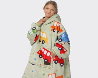 Oversized Hoodie for Kids, Hoodie with Cars, Youth Oversized Sweater, Giant Sweater for Kids, Car Pattern, Blanket with Sleeves, For Young