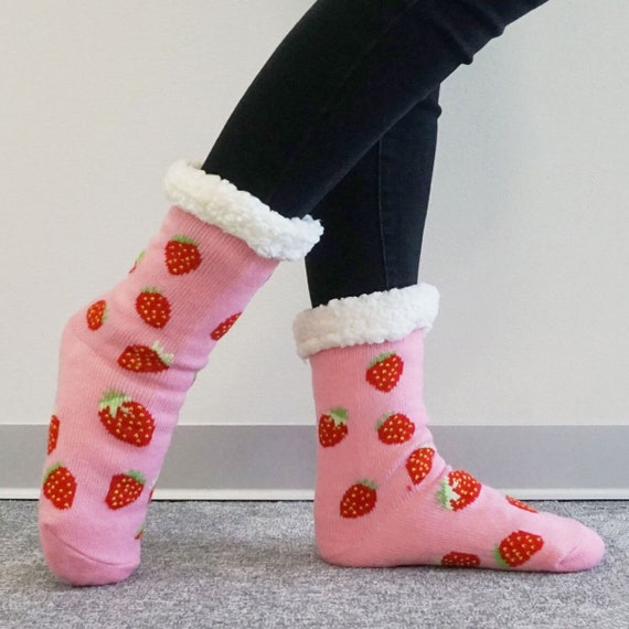 Cuddly Socks, Strawberry, Winter socks, Fuzzy Sherpa Socks, Soft Cozy Plush Socks, Non Slip Grips, Extra Warm, with Strawberry