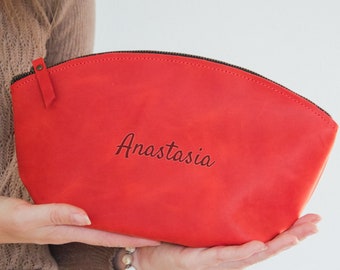 Red cosmetic bag, Leather cosmetic bag with name, Leather cosmetic pouch, Red makeup bag with personalization, Leather makeup pouch