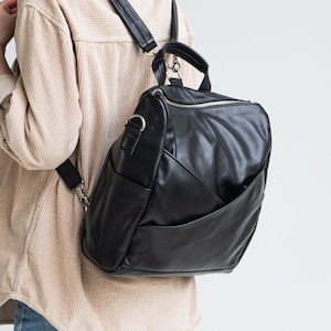 Black backpack for women, Leather backpack women handmade, Womens backpack purse, City backpack, Convertible backpack crossbody image 1