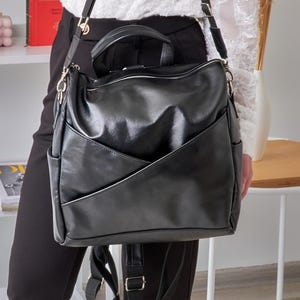 City backpack, Square backpack, Black leather backpack women, Convertible backpack purse, Convertible bag backpack, Handmade backpack