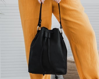 Leather bucket bag with drawstring, Leather drawstring bags for women, Leather pouch bag drawstring, Leather bucket bag purse