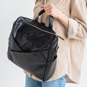 Black backpack for women, Leather backpack women handmade, Womens backpack purse, City backpack, Convertible backpack crossbody image 2