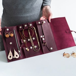 Grand organiseur de bijoux, rouleau de bijoux en cuir pour voyage, rouleau de bijoux personnalisé, grand rouleau de boîtier de voyage pour bijoux, pochette pour rouleau de bijoux