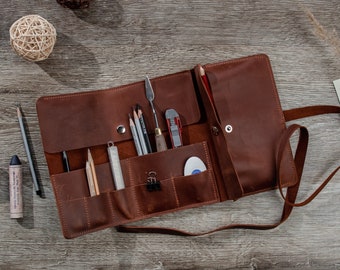 Leather pencil case,Leather pencil roll,Leather pencil holder,Artist pencil case,Leather paintbrush case,Leather artist roll case