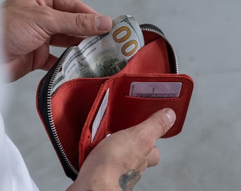 Cartera de piel mujer pequeña, Cartera con cremallera para mujer, Cartera pequeña mujer tarjetero, Cartera pequeña con cremallera, Cartera grabada mujer