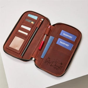 Organizador de billetera de viaje de cuero, billetera para pasaporte familiar con cremallera, portadocumentos de viaje personalizado, billetera para documentos de viaje personalizada