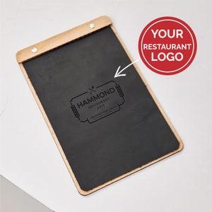 Porta menú de madera con funda de cuero, Porta menú de restaurante, Porta menú personalizado, Porta menú de madera, Funda de cuero para menú