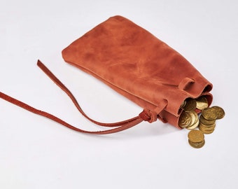 Leather drawstring coin pouch, Coin purse, Personalized drawstring pouch, Mini drawstring bag, Handmade coin pouch Leather dice pouch