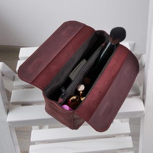 Bolsa de maquillaje de cuero, Bolsa de maquillaje de viaje, Bolsa de cosméticos de cuero, Organizador de bolsa de maquillaje para mujer, Bolsa de maquillaje burdeos, Bolsa de maquillaje tipo neceser