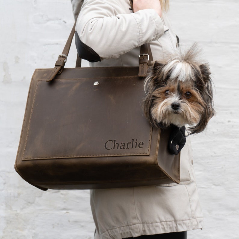 Pu&ograve; includere: Una borsa tote in pelle marrone con il nome "Charlie" inciso sul davanti. Un piccolo cane spunta dalla borsa.