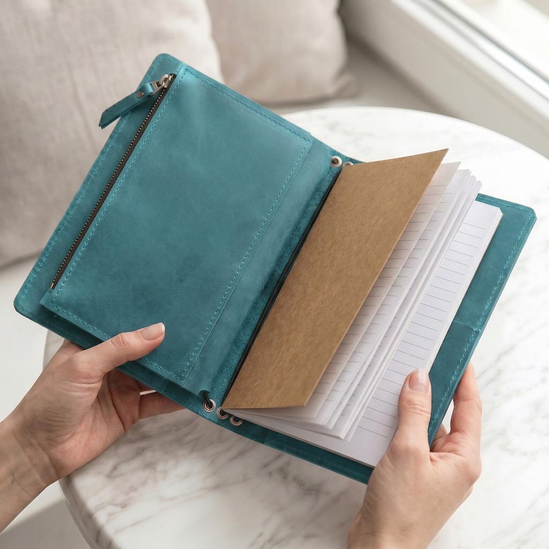May include: A teal leather notebook cover featuring a zippered pocket on the left interior panel and a refillable insert with brown cardstock covers and white lined paper pages held in place by metal eyelets and an elastic cord system.