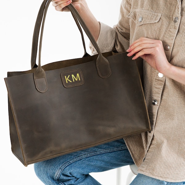 Leren shopper tas dames, Leren shopper tas, Aangepaste boodschappentassen met logo, Leren tas voor dames, Aangepaste tas groot