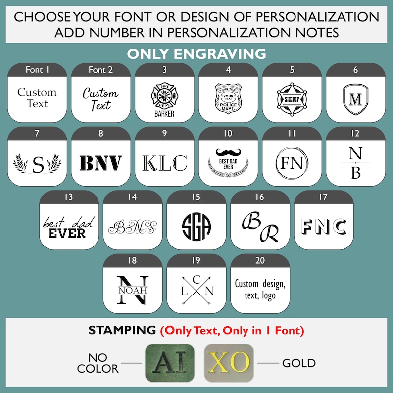 Puede incluir: Un gr&aacute;fico que muestra 20 opciones diferentes de fuente y dise&ntilde;o para la personalizaci&oacute;n. Las opciones incluyen texto, logotipos y s&iacute;mbolos. El gr&aacute;fico tambi&eacute;n incluye dos opciones de estampado: "AI" y "XO".