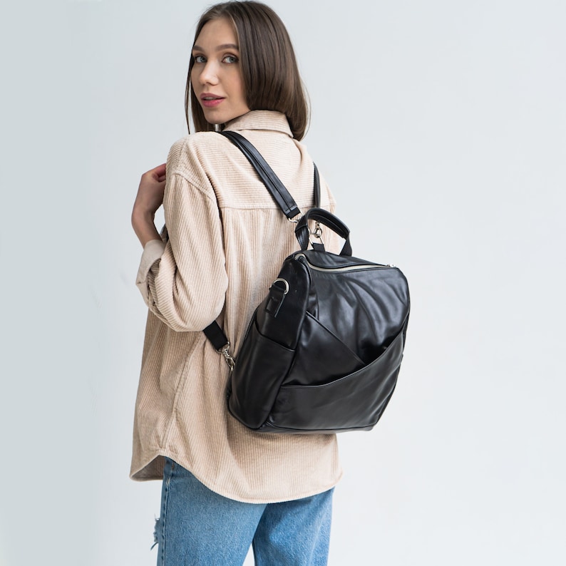 Black backpack for women, Leather backpack women handmade, Womens backpack purse, City backpack, Convertible backpack crossbody image 1