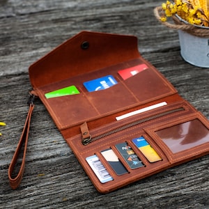 Cartera de cuero para mujer, Cartera de cuero para teléfono, Cartera de cuero para iPhone, Cartera grande para mujer, Cartera de cuero tipo sobre personalizada