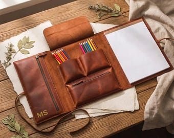 Handmade leather sketchbook cover, Leather sketchbook case, Drawing journal cover, Leather sketchbook organizer, Personalized sketchbook