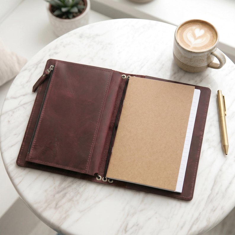 May include: A dark burgundy leather journal cover featuring a zippered pocket on the left interior panel and a tan paper notebook secured by an elastic band on the right side, accompanied by a gold-toned metal pen resting on the surface.