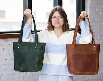 Personalized leather tote bag for women,Leather tote purse with a zipper,Laptop tote bag for women,Work tote bag with pockets