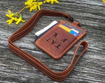 Leather id card holder, Lanyard card holder, Personalized id badge holder with lanyard, Leather id badge holder, Leather id lanyard