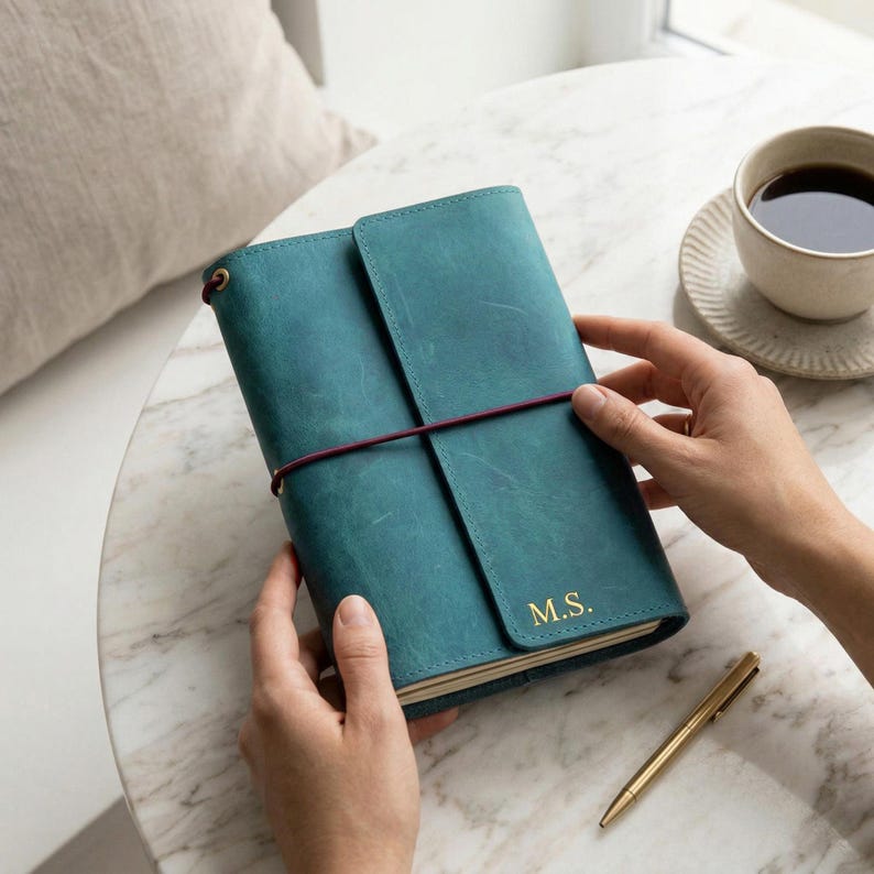 Anteckningsboksomslag i 100 % äkta läder, Anteckningsbok med fickor, Personlig läderjournal, A5-läderjournalomslag, Graverad läderjournal bild 2