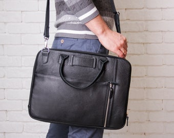 Leder Laptoptasche schwarz Herren, Leder Laptoptasche Herren personalisiert, Herren Laptoptasche mit Gurt, Laptoptasche 17 Zoll, Laptoptasche 16 Zoll