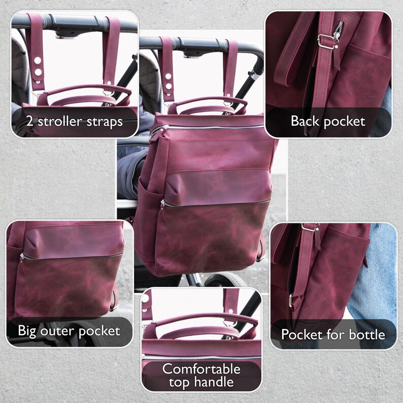 May include: Burgundy leather diaper bag with multiple pockets, including a large outer pocket, a back pocket, and a pocket for a bottle. The bag has two stroller straps, a comfortable top handle, and a zipper closure.