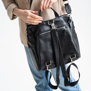 Black backpack for women, Leather backpack women handmade, Womens backpack purse, City backpack, Convertible backpack crossbody image 8