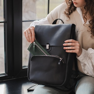 Travel backpack for women waterproof, Laptop backpack 13in, Black leather backpack women, Travel backpack with luggage sleeve