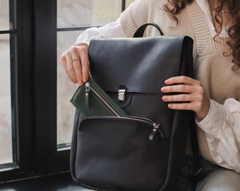 Travel backpack for women waterproof, Laptop backpack 13in, Black leather backpack women, Travel backpack with luggage sleeve