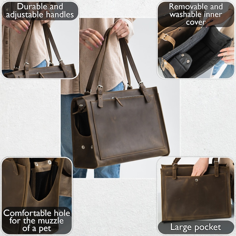 Pu&ograve; includere: Borsa porta-animali in pelle marrone con manici regolabili, una tasca grande e un foro comodo per il muso di un animale domestico. La borsa ha una fodera interna rimovibile e lavabile.