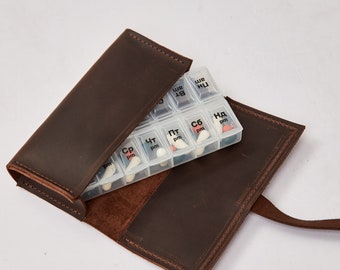 Leather pill case, Travel pill case, Personalized pill organizer, Custom pill case 7 day, Leather medication organizer, Vitamins organizer
