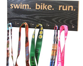 Solid Hardwood Triathlon Medal Holder | Carved Wood Ironman Display | Swim Bike Run Rack | Finisher Gift | With Optional Bibs | R28/B