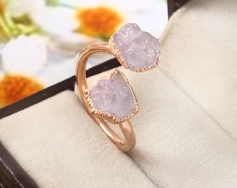 Electroformed Copper Ring, Raw Rose Quartz Ring, Adjustable Boho Jewelry