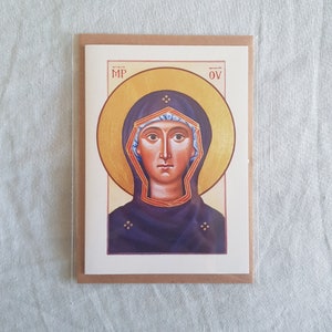 Biglietto d'auguri con l'icona di Maria Madre di Dio. Stile ortodosso bizantino. Carta cristiana cattolica della Vergine Maria.