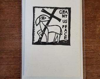 Tarjeta de Pascua impresa a mano. Tarjeta de felicitación católica cristiana del Cordero Pascual. Cordero de Dios, concédenos la paz.
