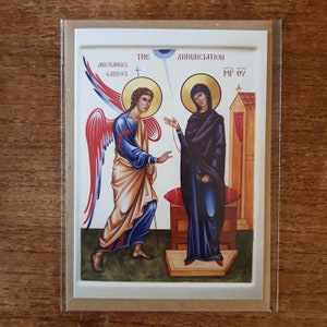Aankondiging pictogram wenskaart. Blanco binnenkant. Byzantijns-orthodoxe iconografiestijl.
